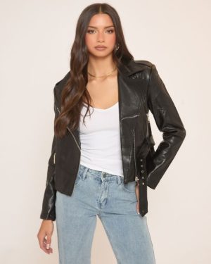 Long Sleeve Belt Detail Biker Jacket In Black Faux Leather, Women's Size UK Large L