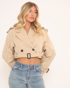 Long Sleeve Belt Detail Cropped Trench Coat In Beige, Women's Size UK Large L