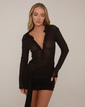 Long Sleeve Button Front Draped Mini Shirt Dress In Black Texture, Women's Size UK 6