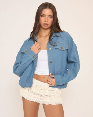 Long Sleeve Cinched Hem Oversized Jacket In Blue Denim, Women's Size UK Large L