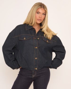 Long Sleeve Cinched Hem Oversized Jacket In Indigo Blue Denim, Women's Size UK Large L