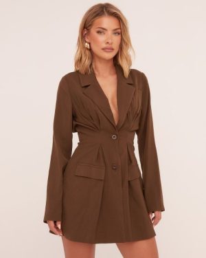 Long Sleeve Cinched Waist Blazer Dress In Khaki Green Woven, Women's Size UK 6