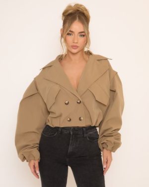 Long Sleeve Cinched Waist Cropped Trench Coat In Beige, Women's Size UK Medium/Large M/L