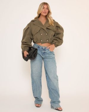 Long Sleeve Cinched Waist Cropped Trench Coat In Khaki Green, Women's Size UK Medium/Large M/L