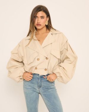 Long Sleeve Cinched Waist Cropped Trench Coat In Stone, Women's Size UK Small S