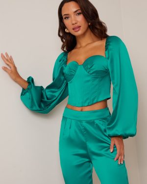 Long Sleeve Corset Style Top in Green - 8
