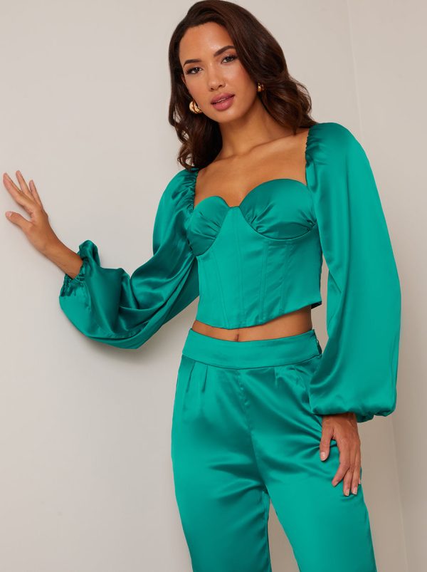 Long Sleeve Corset Style Top in Green - 8