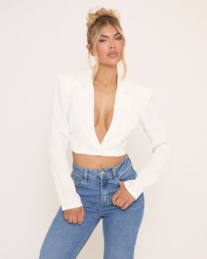 Long Sleeve Cut Out Back Cropped Blazer In White, Women's Size UK 4