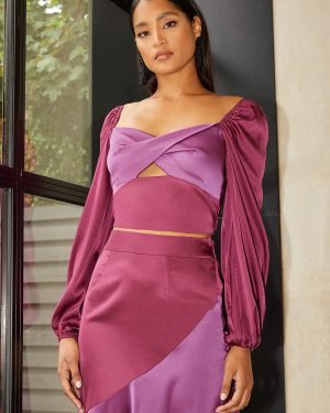 Long Sleeve Cut Out Twist Detail Satin Crop Top in Purple - 8