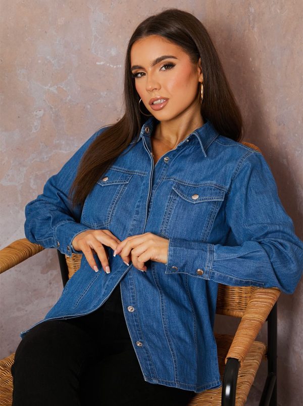 Long Sleeve Denim Shirt in Blue - 8