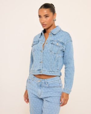 Long Sleeve Distressed Pattern Detail Cropped Jacket In Blue Denim, Women's Size UK 8