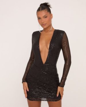 Long Sleeve Extreme Plunge Shoulder Pad Detail Mini Bodycon Dress In Black Sequin, Women's Size UK 8