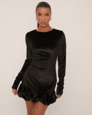 Long Sleeve Frilled Hem Mini Dress In Black Velvet, Women's Size UK Medium M