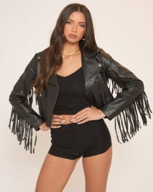 Long Sleeve Fringe Detail Biker Jacket In Black Faux Leather, Women's Size UK Large L