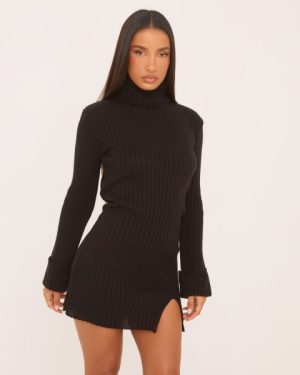 Long Sleeve High Neck Split Leg Mini Dress In Black Knit, Women's Size UK Small S