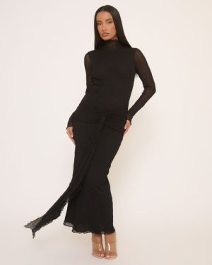 Long Sleeve High Neck Wrap Front Dress In Black Texture, Women's Size UK Medium M
