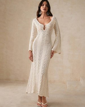 Long Sleeve Knitted Maxi Dress For Beach 2025