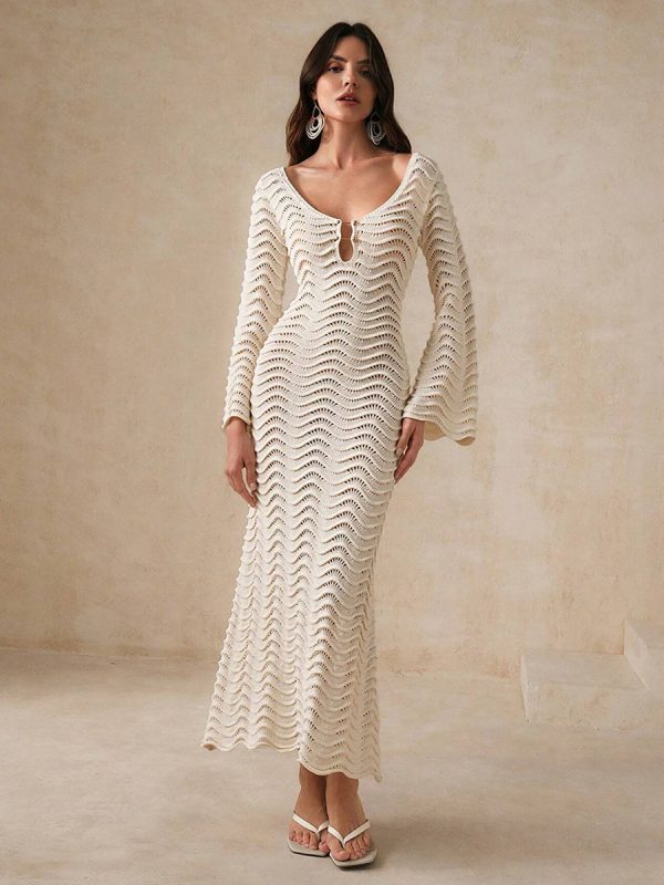 Long Sleeve Knitted Maxi Dress For Beach 2025