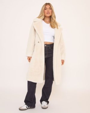 Long Sleeve Midi Coat In Cream Faux Fur, Women's Size UK Medium/Large M/L