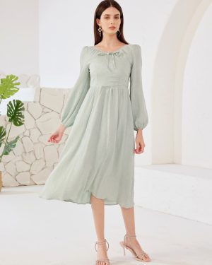Long Sleeve Midi Dress V-neck A-line Beach Dress For Women 2025