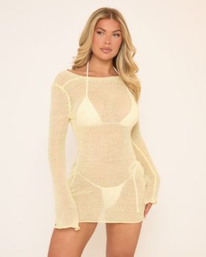 Long Sleeve Open Back Mini Beach Dress In Yellow Texture, Women's Size UK Large L