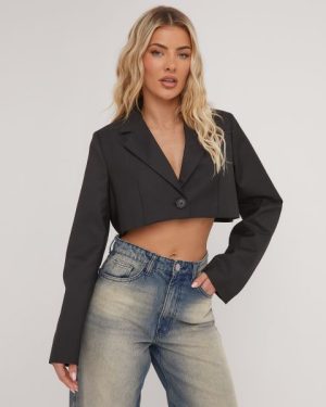Long Sleeve Oversized Cropped Blazer In Black, Women's Size UK 8