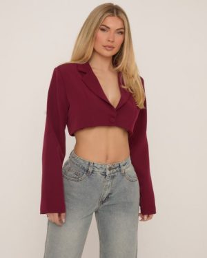 Long Sleeve Oversized Cropped Blazer In Burgundy, Women's Size UK 8