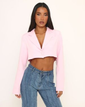 Long Sleeve Oversized Cropped Blazer In Pink, Women's Size UK 4