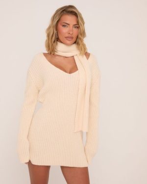 Long Sleeve Plunge Neck Mini Dress With Matching Scarf In Cream Knit, Women's Size UK Medium M