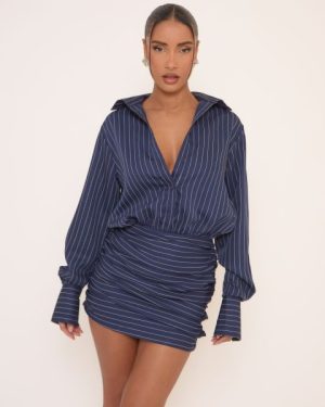 Long Sleeve Ruched Mini Shirt Dress In Blue Pinstripe, Women's Size UK 8