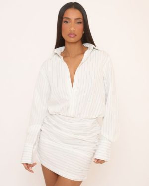 Long Sleeve Ruched Mini Shirt Dress In White Pinstripe, Women's Size UK 6