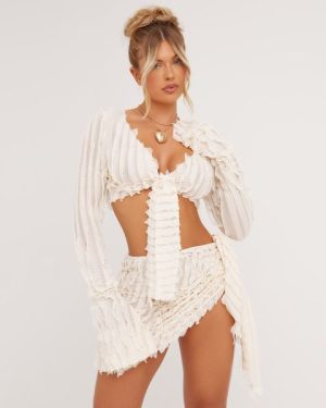 Long Sleeve Tie Front Detail Plunge Crop Top And Tie Side Mini Skirt Co-Ord Set In Cream Shirred, Women's Size UK Medium M