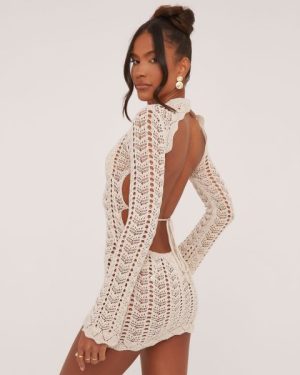 Long Sleeve Tie Open Back Mini Bodycon Dress In Stone Crochet Knit, Women's Size UK Large L