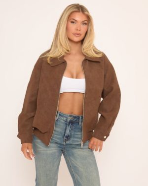 Long Sleeve Zip Up Bomber Jacket In Brown Faux Leather, Women's Size UK Large L