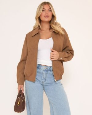 Long Sleeve Zip Up Bomber Jacket In Light Brown Faux Leather, Women's Size UK Large L