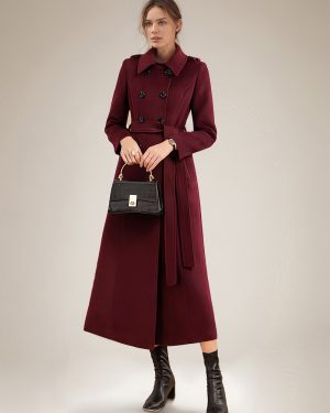 Long Wool Blend Coat For Women Burgundy Double-breasted Belted Turndown Collar Classic Winter Outerwear 2025