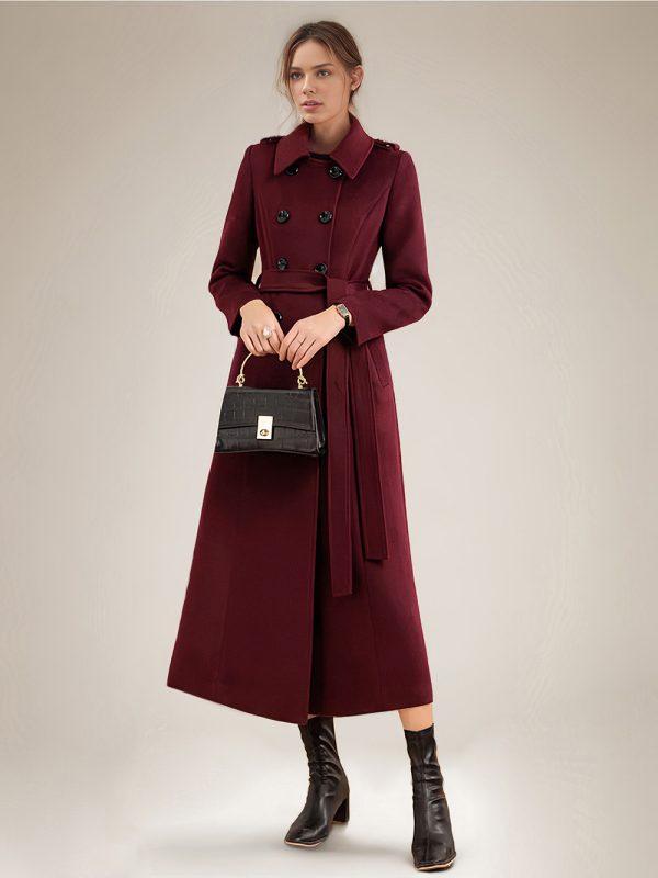 Long Wool Blend Coat For Women Burgundy Double-breasted Belted Turndown Collar Classic Winter Outerwear 2025