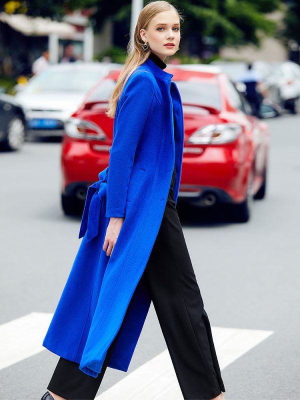 Long Wool Blend Coat For Women Royal Blue Mandarin Stand Collar Single-breasted Belted Winter Outerwear 2025