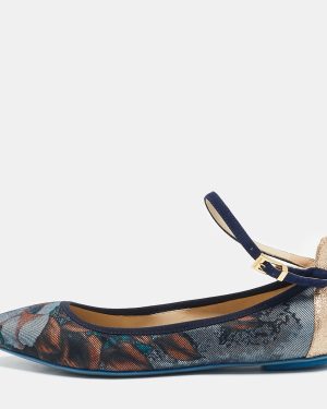 Loriblu Multicolor Floral Print Denim and Glitter Ankle Strap Ballet Flats Size 36