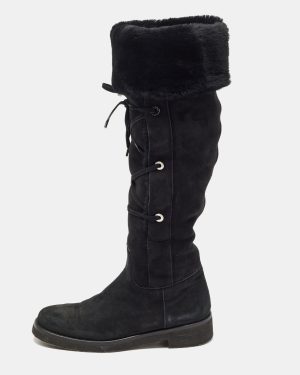 Loro Piana Black Suede and Fur Knee Length Flat Boots Size 40