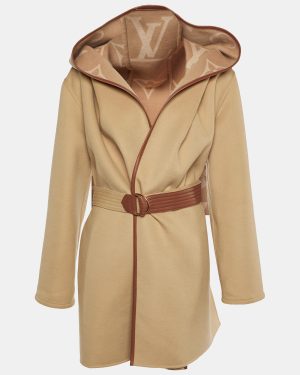 Louis Vuitton Beige Monogram Wool Double Face Hooded Wrap Coat M