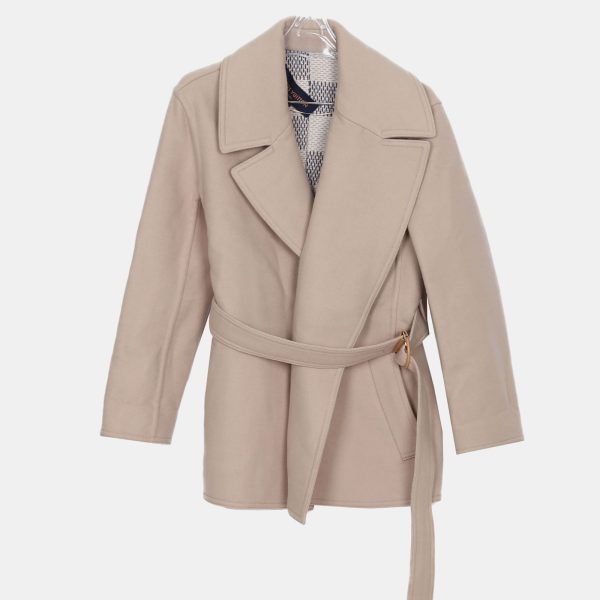 Louis Vuitton Beige Wool Damier Azur Short Wrap Coat Size 36