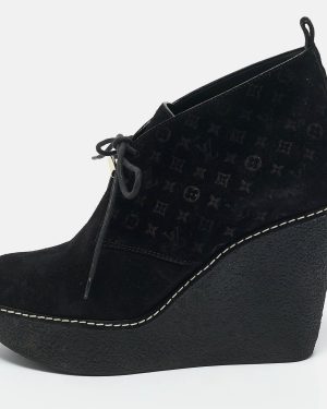 Louis Vuitton Black Monogram Suede Wedge Ankle Boots Size 38