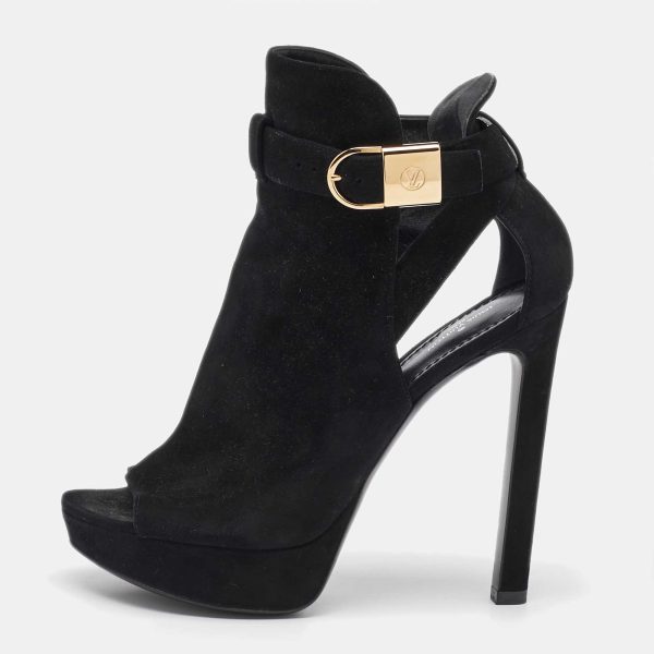 Louis Vuitton Black Suede Open Toe Platform Boots Size 37.5