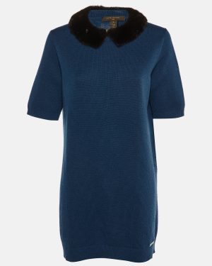 Louis Vuitton Blue Cashmere Knit Mink Collared Mini Dress L