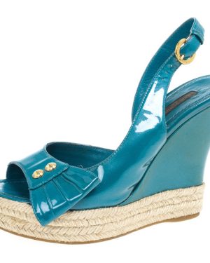 Louis Vuitton Blue Patent Espadrilles Slingback Wedges Size 37.5