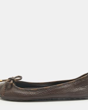Louis Vuitton Brown Leather And Damier Ebene Canvas Bow Ballet Flats Size 39