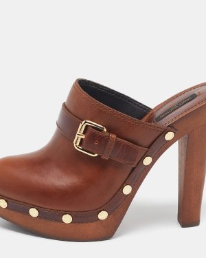 Louis Vuitton Brown Leather Buckle Detail Platform Clogs Size 39