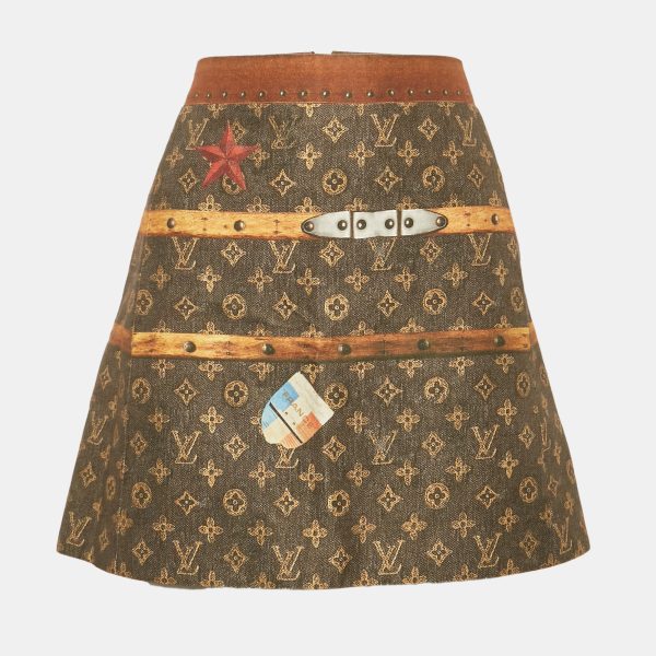 Louis Vuitton Brown Vintage Trunk Monogram Print Cotton Blend Mini Skirt S