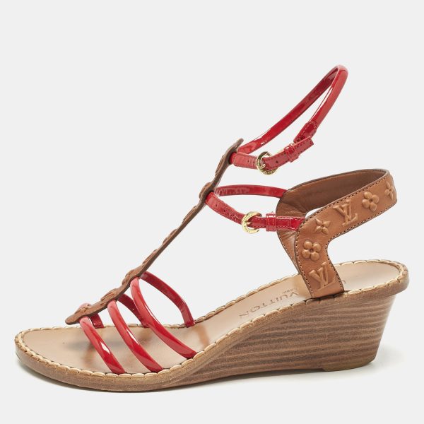 Louis Vuitton Brown/Red Monogram Embossed Leather and Patent T-Strap Wedge Sandals Size 36